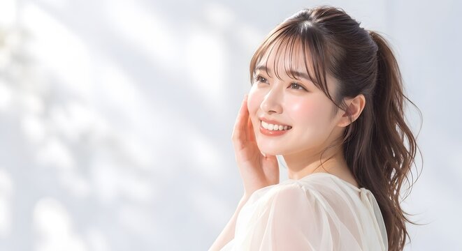 透明感のあるモデル女性のスキンケア美容ポートレート