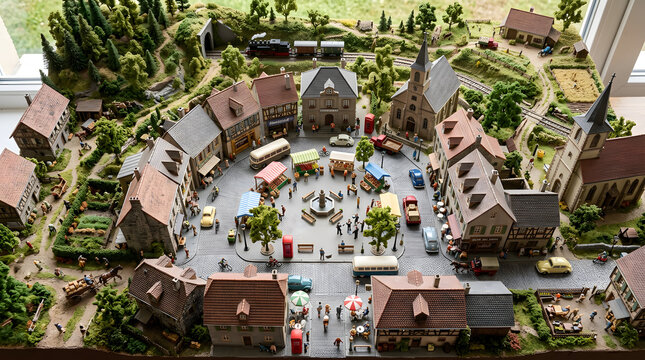 Overhead view of a detailed miniature village diorama with houses and a town square.