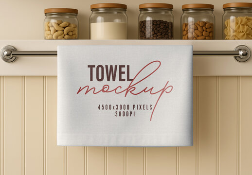 Blank Kitchen Towel Mockup Hanging on Rail in Cozy Pantry Interior for Textile Branding Presentation
