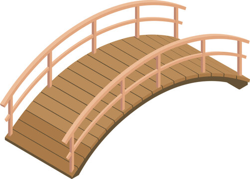 Wooden arched garden bridge, small Japanese style footbridge, park landscaping vector illustration