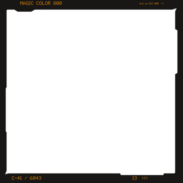 Realistic fantasy medium format 6x6 film slide scan vector overlay with transparent background, film edge markings, and realistic margins for photo and video. Real size and dimensions 1:1 film frame.