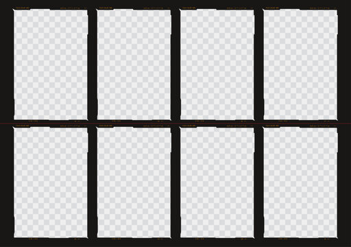 Realistic fantasy medium format 6x9 film contact sheet vector overlay with transparent background, film edge markings, grid of 8 vertical frames, and negative scanner borders for photos and gallery.