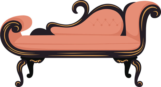 Elegant vintage chaise lounge, pink and black antique velvet sofa, ornate retro interior furniture vector illustration