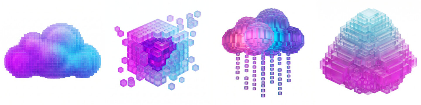 Voxel cloud icon set crafted from glowing purple and cyan translucent glass cubes on white, ideal for cloud computing, weather infographics, and digital technology concepts