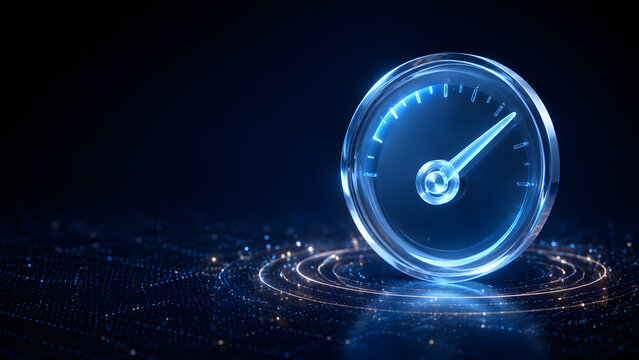 Glass speedometer gauge glowing blue on dark background showing digital speed measurement dial display panel