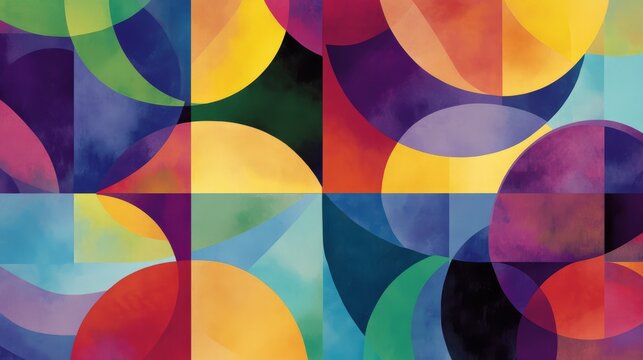 Colorful abstract geometric pattern with overlapping circles and squares