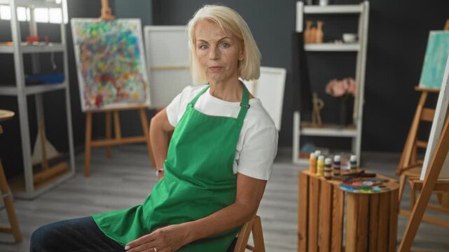 Woman painter in green apron sits smiling with hand on hip in art studio among easels, paint jars and palette; creative serenity.