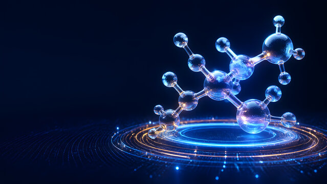 glowing glass molecule structure with connected spheres floating above digital circular grid for science background