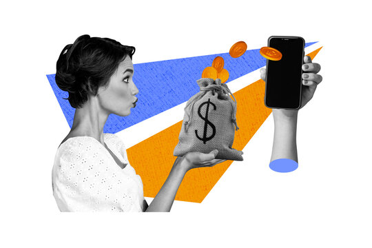 Creative collage young amazed girl blow lips hold money bag sack currency golden coins trader smartphone online forex earnings 3d hand