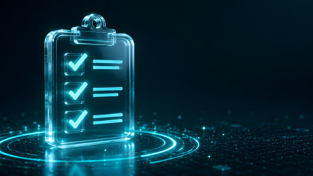 glowing glass clipboard displaying checklist checkmarks on digital circular grid for medical record background design