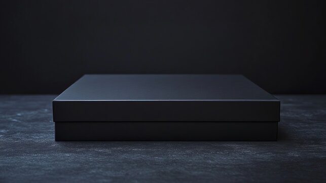 Minimalist black gift box on dark surface with closed lid