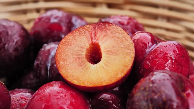 Fresh Plums in a Woven Basket