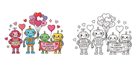 Fototapeta premium Cute cartoon robots celebrating Valentines Day with heart balloons and banner, color vector illustration and coloring page outline on white background