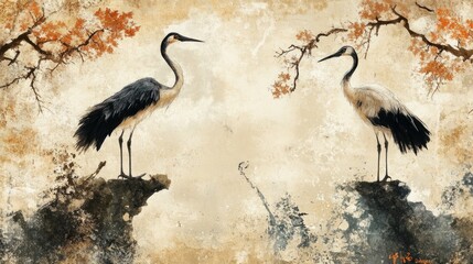 Fototapeta premium Artistic depiction of cranes facing each other with autumn background