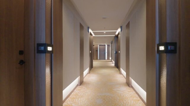 Modern empty hotel corridor with carpet floor, illuminated room numbers and wooden doors.