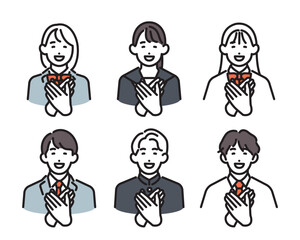 Fototapeta premium シンプル イラスト ほっとして胸に手を当てる男女の学生6人セット ベクターイラスト