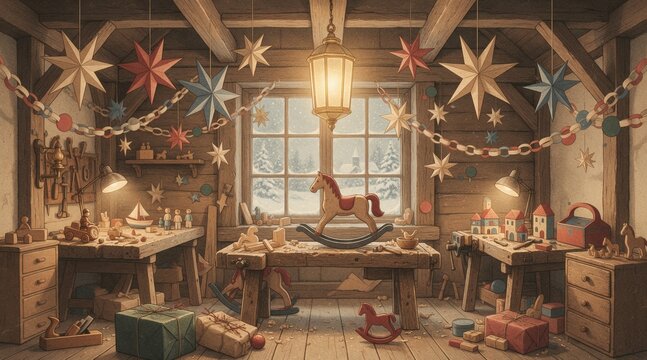 Christmas toy workshop interior with rocking horse and star decor
