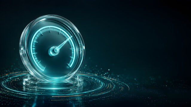 Transparent glass speedometer gauge glows with needle indicator on futuristic digital technology background design scene