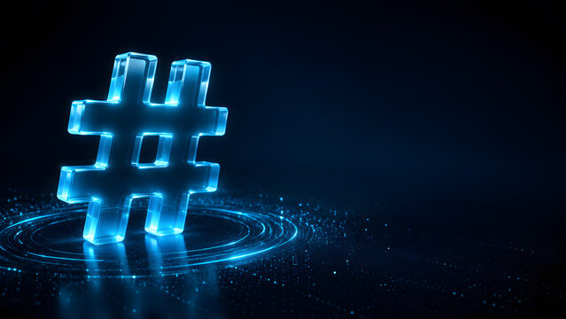 Glowing blue glass hashtag symbol standing on digital ripple surface with futuristic technology light effect background