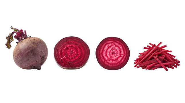 Fresh whole and sliced beet root with shredded red beet pieces on white background raw beet root vegetable white background
