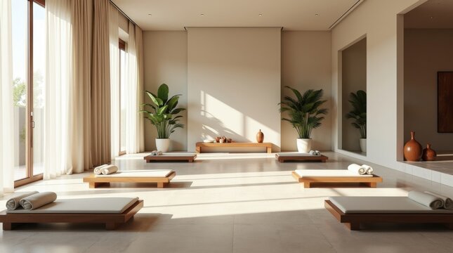 Sala de meditaci&oacute;n vac&iacute;a en el interior de un moderno centro de bienestar; luz natural suave que entra a trav&eacute;s de ventanales altos
