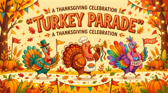 Colorful turkeys celebrating thanksgiving parade with festive decorations