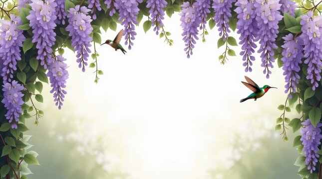 Fondo de arco de jard&iacute;n primaveral con flores de glicinia, enredaderas frescas, colibr&iacute;es y delicado follaje trepador