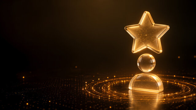 Glowing golden glass star above person icon standing on podium digital ripple technology background rating scene