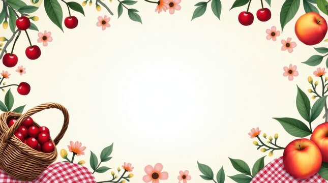 Borde de p&iacute;cnic veraniego con cesta de mimbre, cerezas, melocotones, flores silvestres y espacio para texto