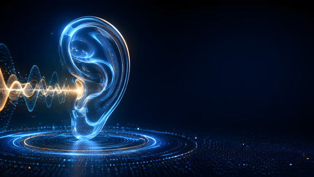 Glowing transparent human ear receiving digital sound wave ripple on dark blue technology background for hearing