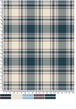 Seamless tartan plaid pattern in cream, dark teal, light blue, and brown colors, classic check vector background, retro flannel textile design, elegant fashion fabric illustration with color swatches