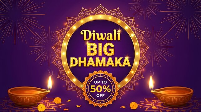 Diwali big dhamaka sale banner with glowing lamps and fireworks
