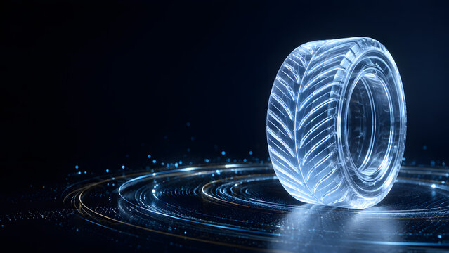 glass car tire icon glowing blue with tread pattern on dark technology background representing automotive part