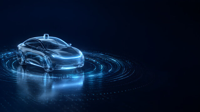 futuristic autonomous car with sensor dome glowing blue on dark technology background self driving vehicle