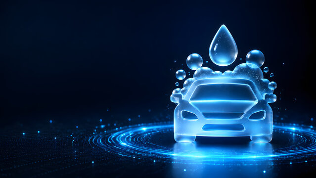 glowing car outline covered in soap bubbles with water droplet on dark technology background wash
