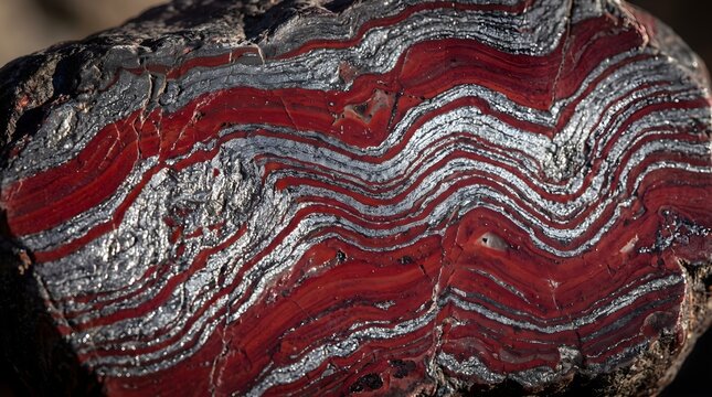 Banded iron formation with red jasper and metallic hematite layers, polished mineral specimen, geological rock texture