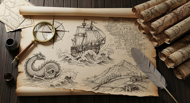 Vintage nautical map featuring a sailing ship and sea monster on a wooden table surface