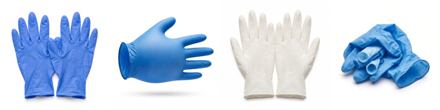 Medical gloves set in blue and white colors, featuring sterile latex and nitrile protective equipment isolated on white background for healthcare, hygiene, and hospital concepts