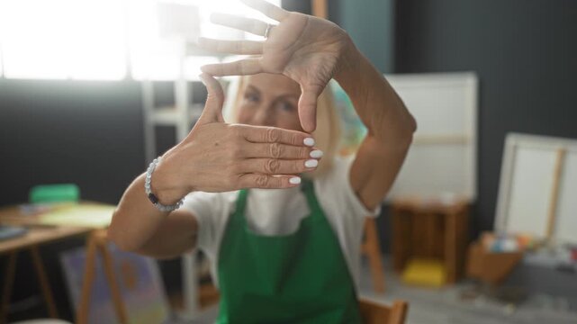 Woman frames composition with hands showing white nails and bracelet in an art studio with easels and canvases visible; creative focus.