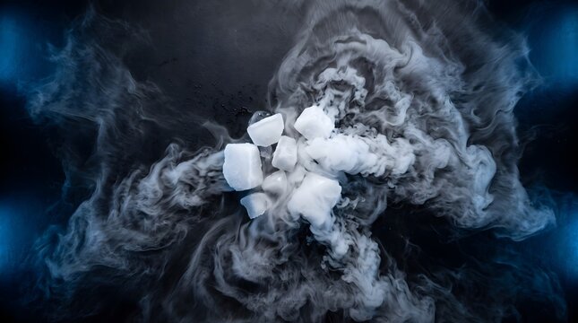 Dry ice cubes with thick white smoke, frozen carbon dioxide vapor on black background, cinematic cold steam effect for science and food photography