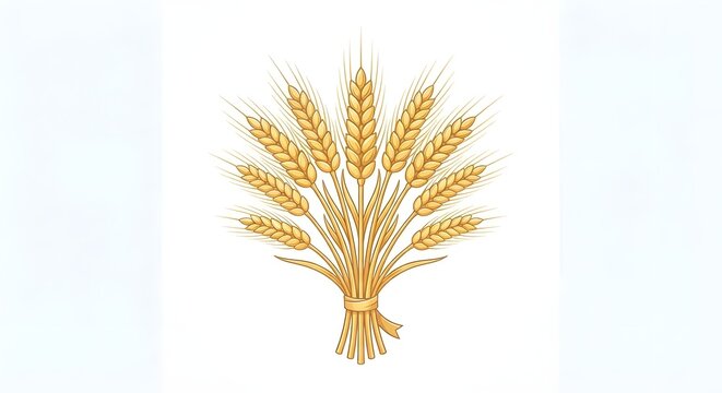 A golden wheat sheaf with detailed grain heads and stems isolated on a clean white background, representing agriculture, harvest, farming, grain, and natural food production.