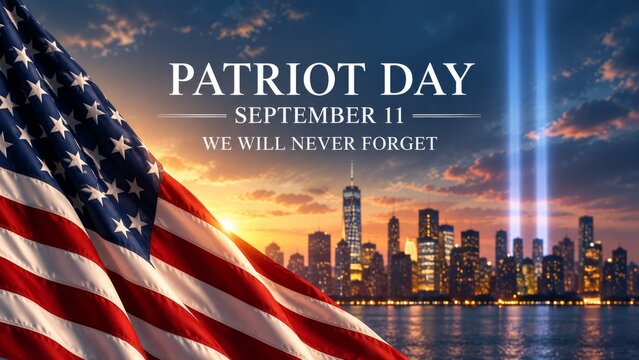 Patriot Day tribute with American flag and memorial lights