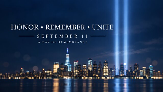 September 11 memorial skyline with twin beams of light