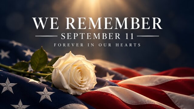 September 11 remembrance with white rose and American flag