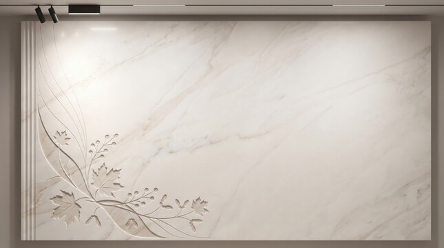 Carved white marble Thanksgiving background featuring overhead studio lighting and maple leaf corner for website banner