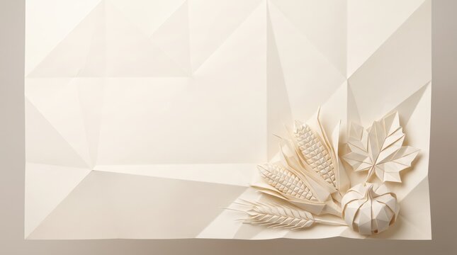 Folded paper Thanksgiving border on white background featuring 3D origami harvest elements and copy space for restaurant promotion and menu design