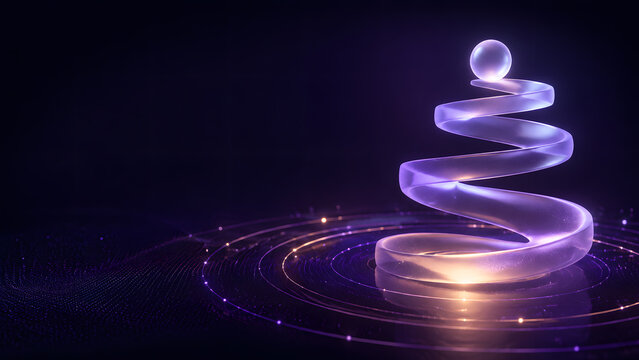 Glass spiral ribbon with glowing sphere on digital ripple background symbolizing energy motion and transformation