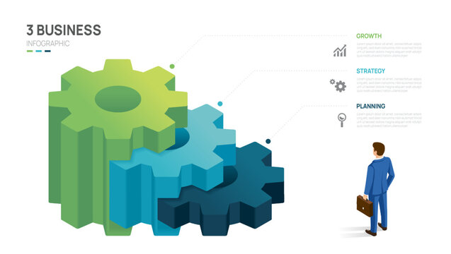 Business Infographic Isometric Gears 3 Steps to success. Collaborative Workflow Template.