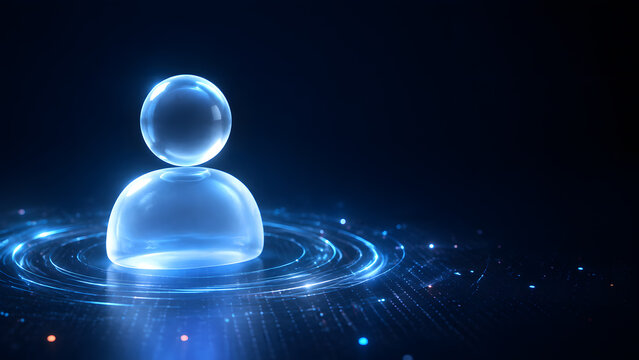 Glass user profile icon with glowing sphere head standing above futuristic digital light ring platform