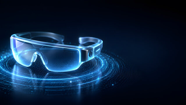 Glass smart glasses resting on top of a futuristic digital light ring platform dark background